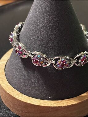 Silver Bracelet Ruby Red and Multicolor AB Crystal Accents Vintage Designer‎